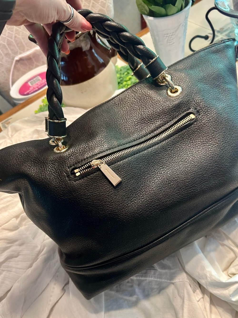 Michael Kors Black Braided-Handle Leather Tote with Gold Hardware
